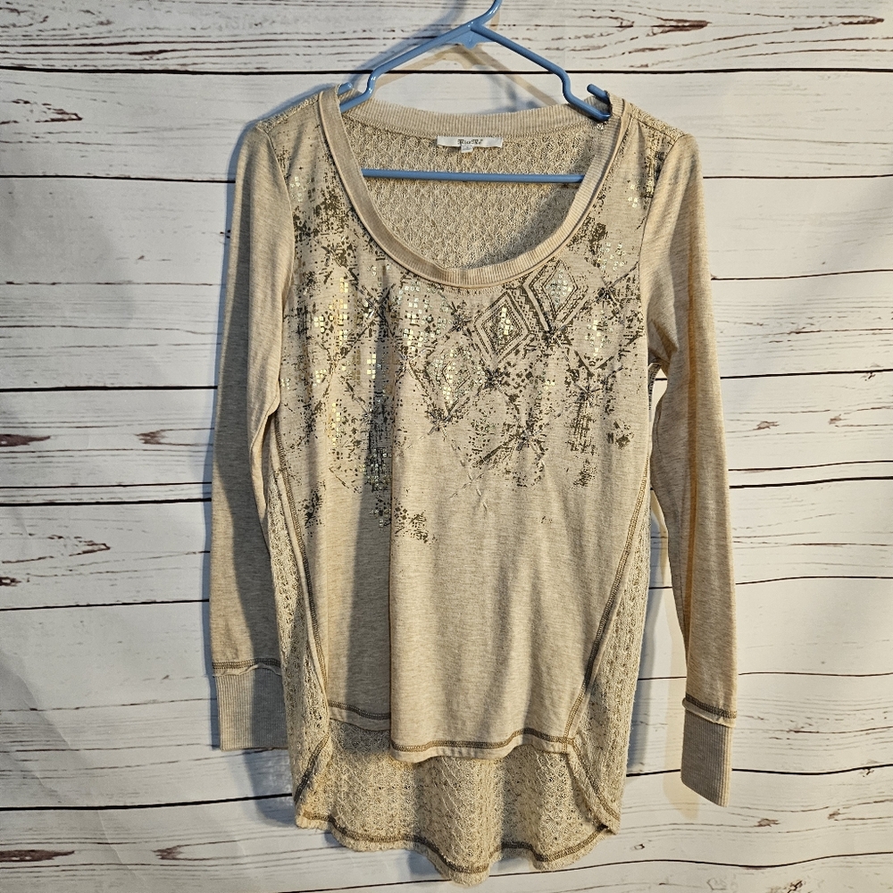Miss Me Embellished Long Sleeve Top Beige Gold Diamond Boho Casual,Small